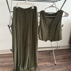 Lulu's Sage Green Wide Leg Pants & Vest Set